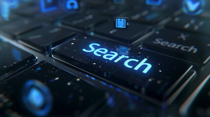 Obraz premium Futuristic search button on a keyboard with glowing icons, symbolizing AI-driven search and digital navigation