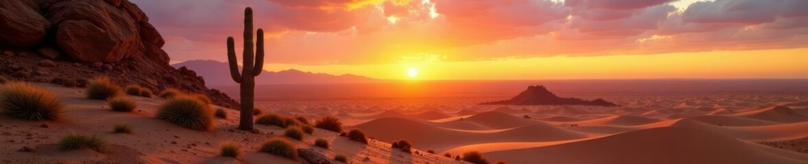 Obraz premium Desert landscape with cacti and sandy dunes at sunrise, rock, dawn, sunlight