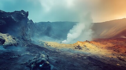 Fototapeta premium Icelandic volcano with clouds over the peak in a dramatic natural landscape