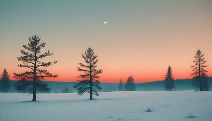 winter, landscape, snow, trees, pine, sunset, twilight, serene, tranquil, forest, pastel, gradient, sky, moon, soft, calm, peaceful, scenic, nature, atmospheric, elegant, artistic, minimalist, aesthet