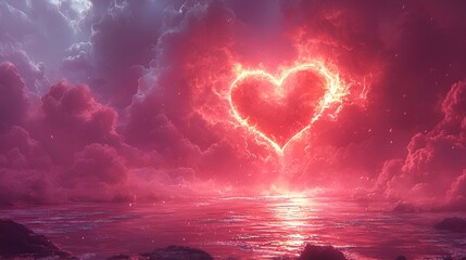 Fototapeta premium Heart of fire in a cloudy sky over water