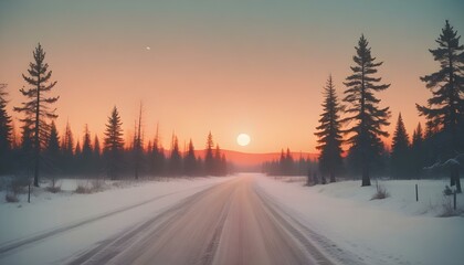 winter, landscape, snow, trees, pine, sunset, twilight, serene, tranquil, forest, pastel, gradient, sky, moon, soft, calm, peaceful, scenic, nature, atmospheric, elegant, artistic, minimalist, aesthet