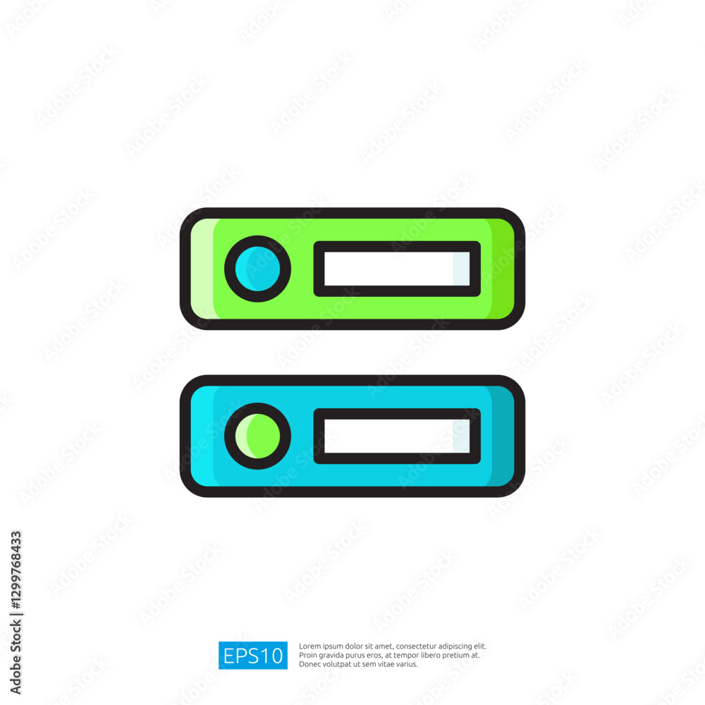 Poster colorful floating icons representing file folders with rounded edges and vibrant shades of blue and 