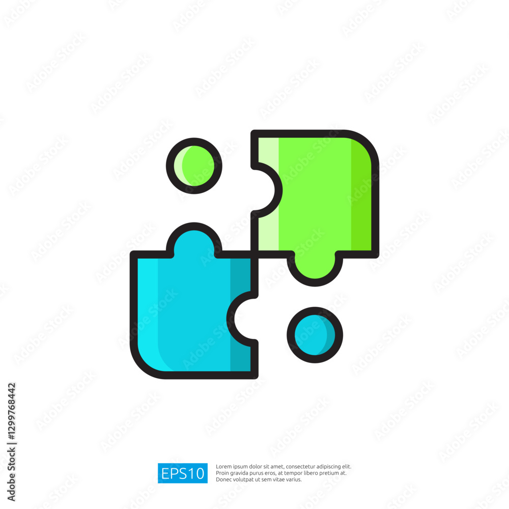 Poster colorful puzzle pieces in blue and green interlocking shapes representing creative problem solving a