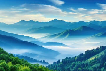 Mountains covered by mist in peaceful green valley during sunrise for travel, backgrounds use