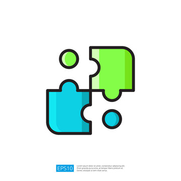 Colorful puzzle pieces in blue and green interlocking shapes representing creative problem solving and interactive gameplay for cognitive development and teamwork skills