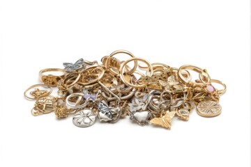 Assorted rings and charms scattered on white background with gold, silver, and goldcolored designs including heart, flower, and butterfly.