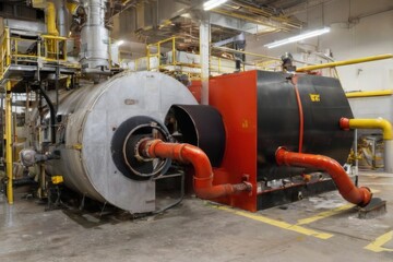 Industrial Stainless Steel Machine Inside Factory Surrounded by Pipes and Valves in High Ceiling Workshop Setting