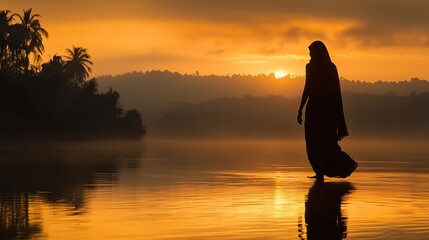 Fototapeta premium Woman in saree silhouetted at sunrise over calm water.