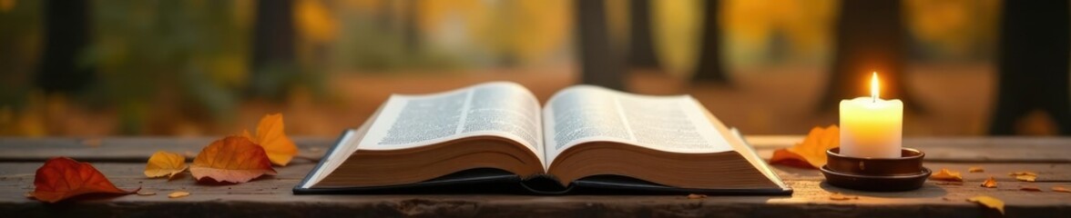 Fototapeta premium An open Bible resting on a wooden table with a single flickering candle beside it amidst the fall foliage, quiet moment, leaf, bible
