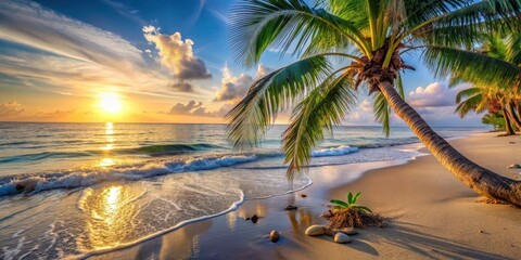 Serene Sunset on a Tropical Beach with Palm Trees Leaning Gracefully Towards the Ocean Waves