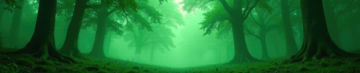 Ancient forest with green smoke billowing from trees, forest, tree