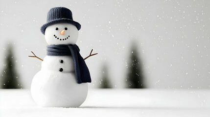 Fototapeta premium Cheerful Smiling Snowman with Blue Scarf and Hat in Winter Scene with Falling Snow