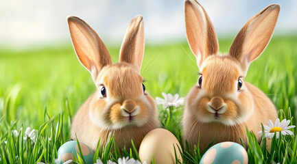 Obraz premium A Charming Family of Playful Rabbits Hopping Joyfully Through a Vibrant Field Adorned with Beautiful Daisies Under a Clear Blue Sky