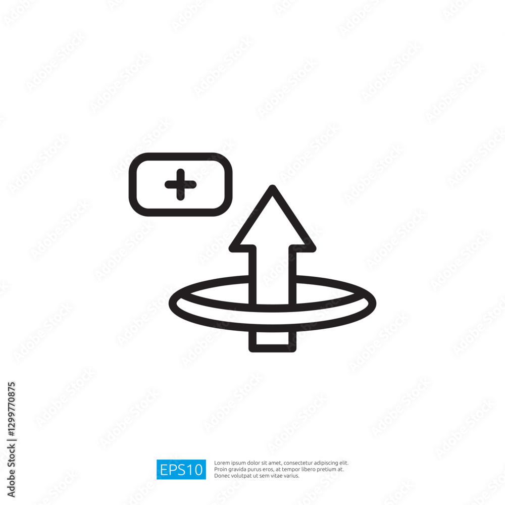 Poster simple icon illustration of a plus sign with an upward arrow rotating around a circular path represe