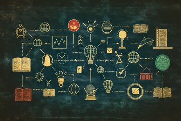 A student-focused online learning environment with digital icons for courses, e-learning platforms, and webinars, enhancing educational experiences.