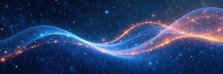 A flowing ribbon of shimmering blue and gold trails through a cosmic landscape, stars, curves