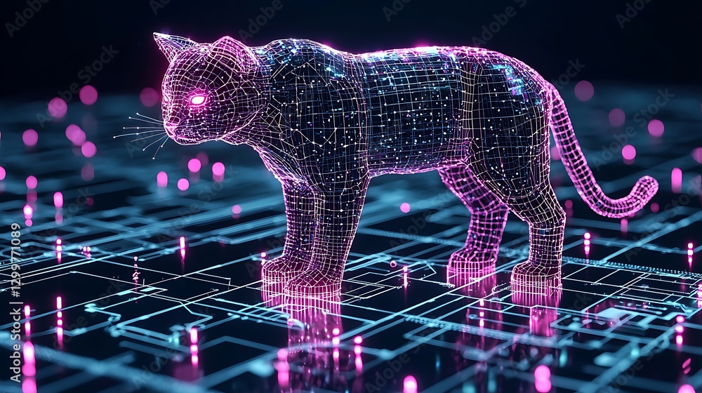 Wall mural digital pink wireframe cat walks on a glowing blue circuit board with bokeh dots