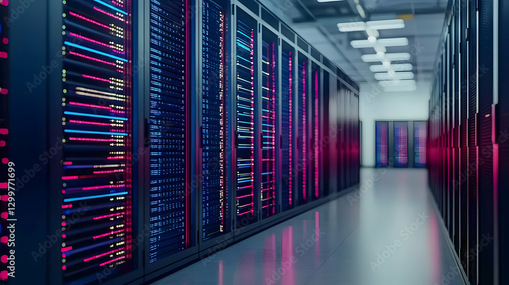 Aufkleber rows of servers in a data center illuminate with blue and red light