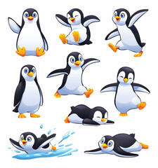 Set of cute penguins in various poses, including dancing, walking, and splashing snow. Vector cartoon illustrationa