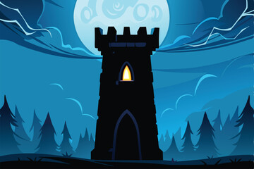 A menacing dark wizard's tower, craggy and ominous, silhouetted against a swirling, violent storm;  intense atmospheric perspective.