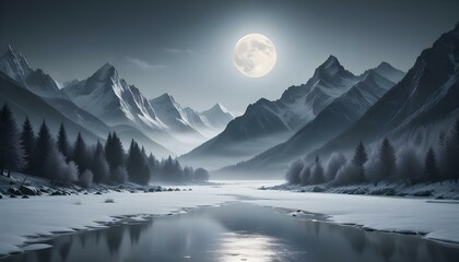 mountains, snow, winter, landscape, mist, fog, serene, tranquil, scenic, frozen, icy, cold, peaceful, nature, wilderness, majestic, ethereal, atmospheric, dramatic, alpine, valley, river, lake, 