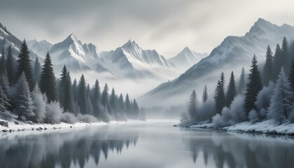 Fototapeta premium mountains, snow, winter, landscape, mist, fog, serene, tranquil, scenic, frozen, icy, cold, peaceful, nature, wilderness, majestic, ethereal, atmospheric, dramatic, alpine, valley, river, lake, 