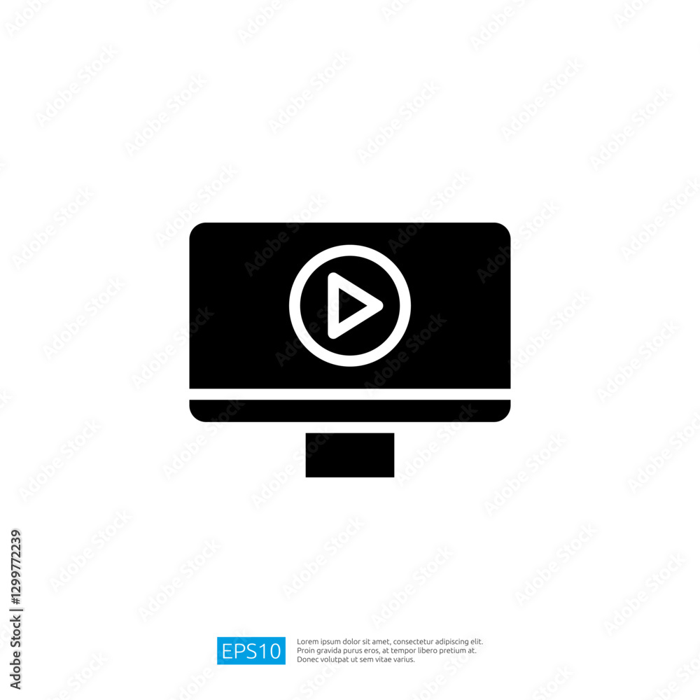 Poster simple black icon of a video player displayed on a computer screen highlighting technology and moder