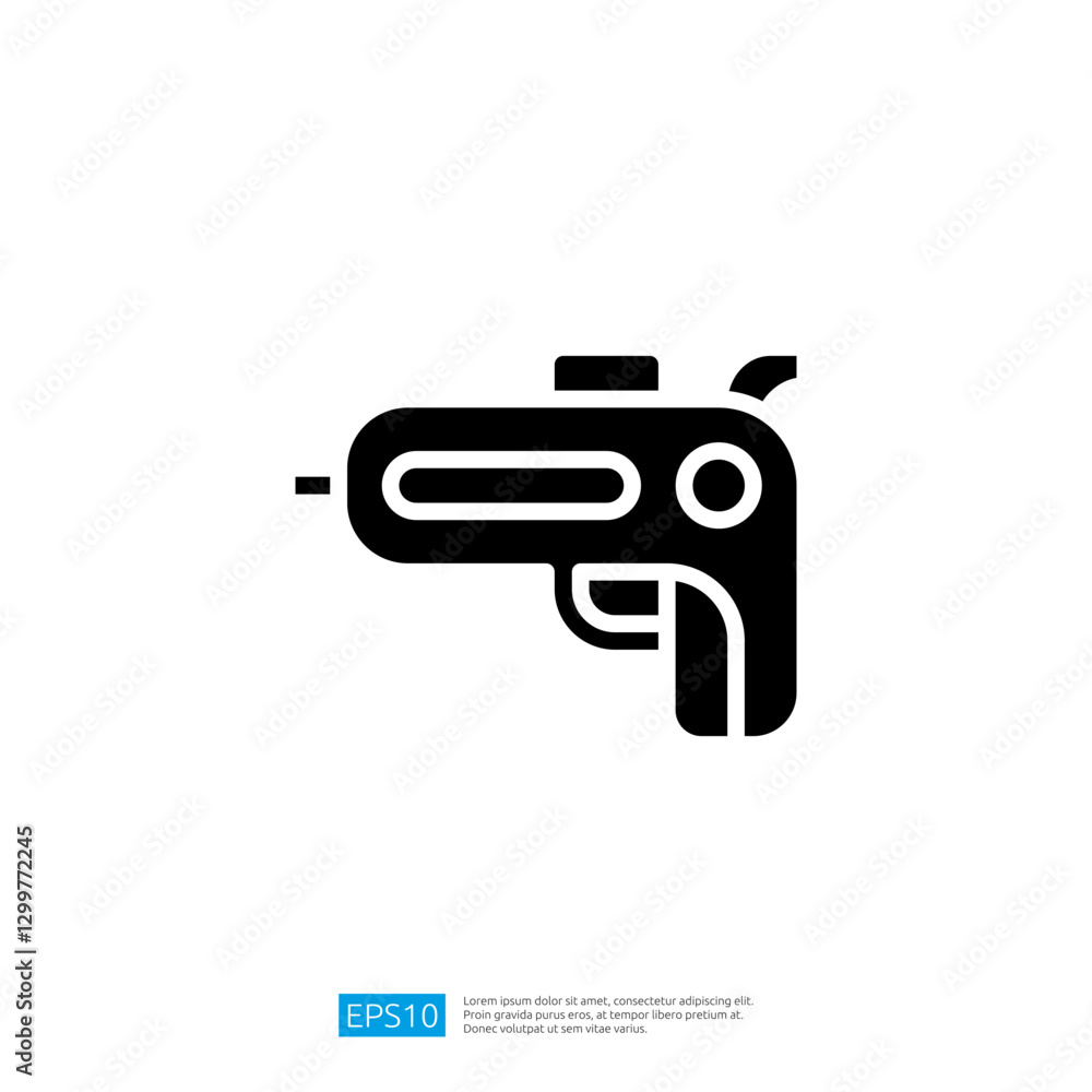 Poster stylized black icon of a futuristic gun designed for gaming applications and digital interfaces conv
