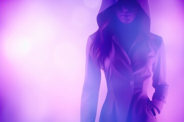 Obraz premium Mysterious woman in hooded coat amidst soft, ethereal background for fashion or atmospheric use