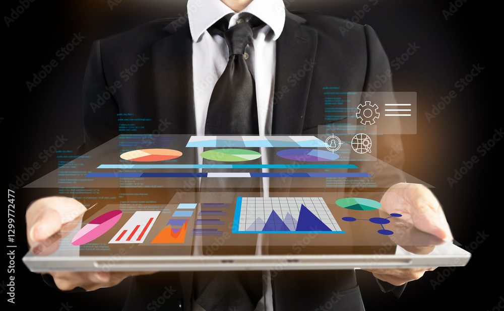 Poster analytical data business concept,businessman opens work data and business figures to analyze and fin