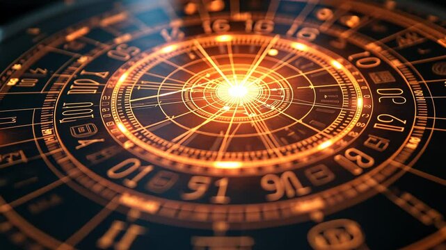 Futuristic Clockwork Mechanism: A Glowing Orange Digital Interface