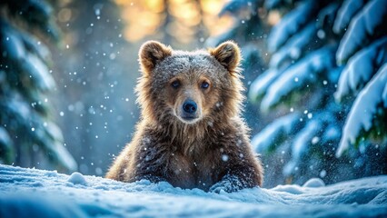 Obraz premium Winter Forest Bear Cub, Lost and Alone, Seeking Shelter, Snowy Wilderness, Wildlife Survival