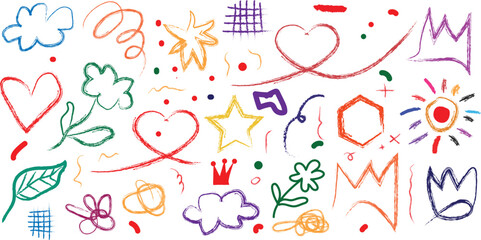 Obraz premium Colorful hand drawn charcoal doodle pencil drawing shapes. Childlike drawings on white background.