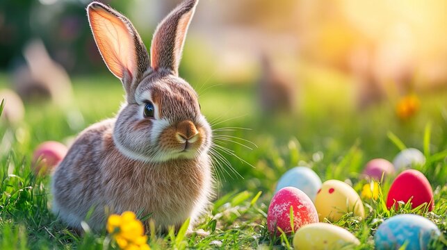  Charming Easter bunny surrounded by colorful eggs in lush green grass under bright sunlight, perfect spring background with ample empty space for text banner template design