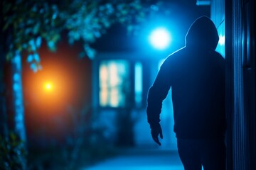 A burglar sneaking near a house, but a home security and insurance alert system is activated.