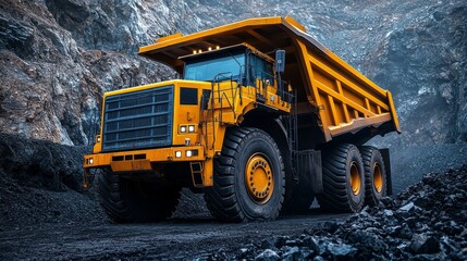 Large yellow mining dump truck hauling coal in a quarry.