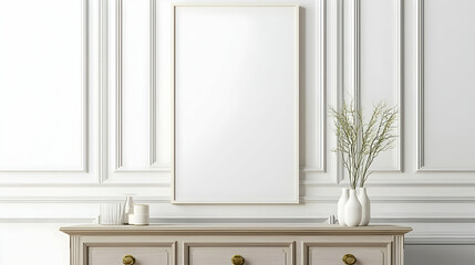 White Wall Interior With Empty Frame Above A Wooden Table And Decorative Accessories
