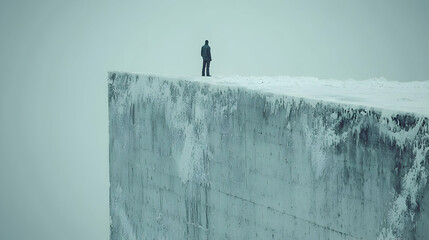 Solitary Figure on Snowy Clifftop in Mist