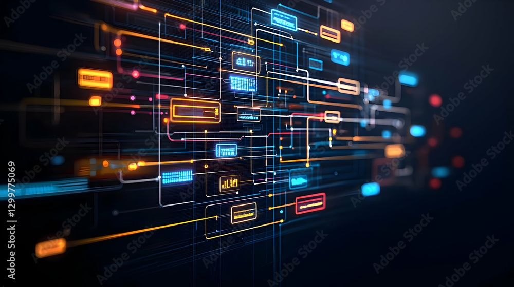 Poster abstract digital network structure with bright lines and colorful geometric shapes on dark blue back