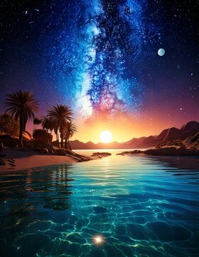 galactic oasis bathed in ecliptic radiance, where celestial waters 