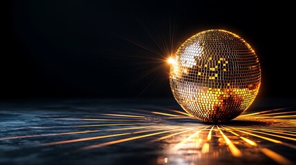 Sparkling disco ball reflects light in a dark room for dance themed designs