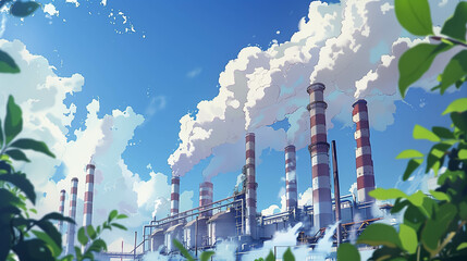 Industrial Factory with Multiple Chimneys Emitting Smoke Against a Blue Sky