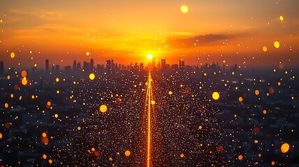 Sunset over urban skyline with glowing particles, concept for technology and data