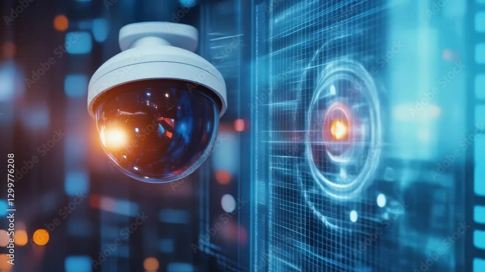 Poster futuristic security camera monitors a blurred city skyline at night, displaying a holographic heads 