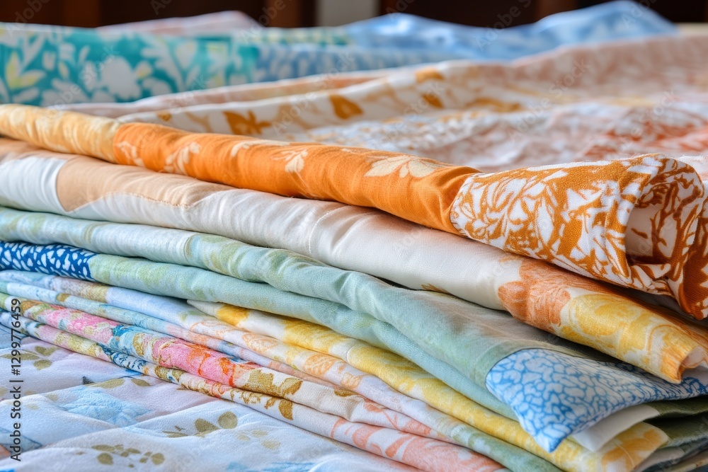 Poster colorful and textured fabrics stacked neatly in soft light