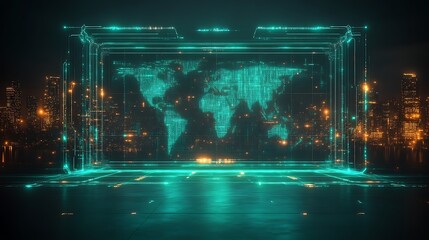 World map display over city, tech background