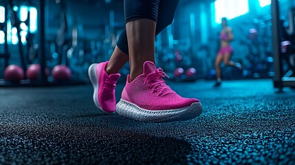 Woman in pink shoes walking at gym, fitness workout background, for advertising
