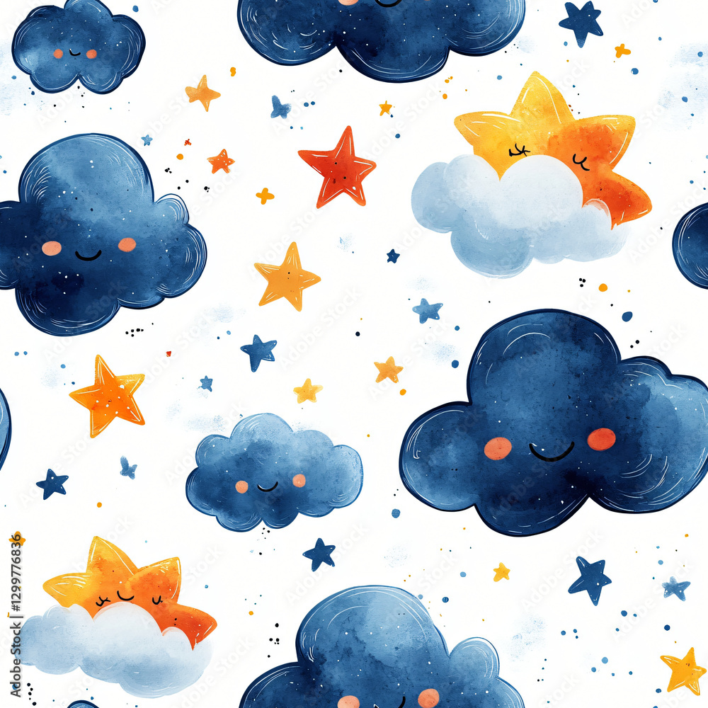 Wall mural delightful pattern combining stars and fluffy clouds to create a dreamy and whimsical nighttime scen