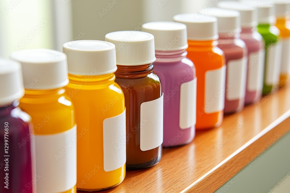 Poster colorful bottles on shelf with blank labels for customization use